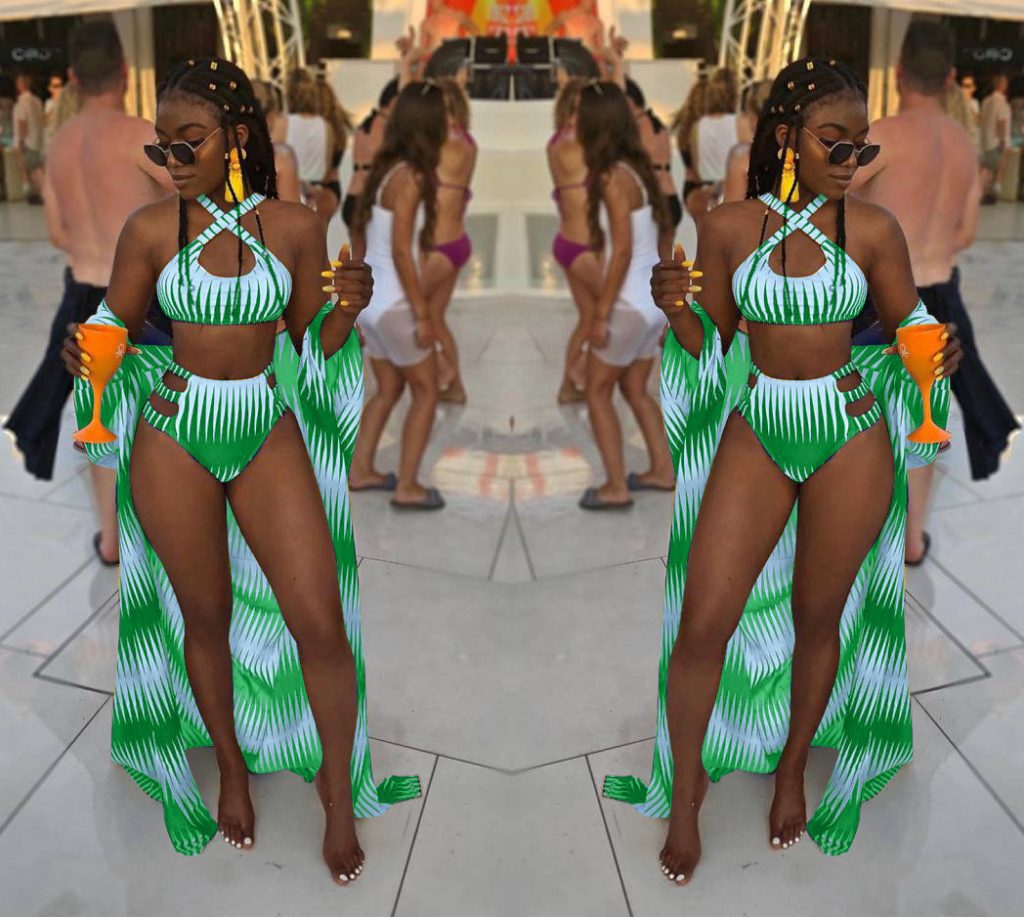 Green & white strappy full bikini with a matching long caftan